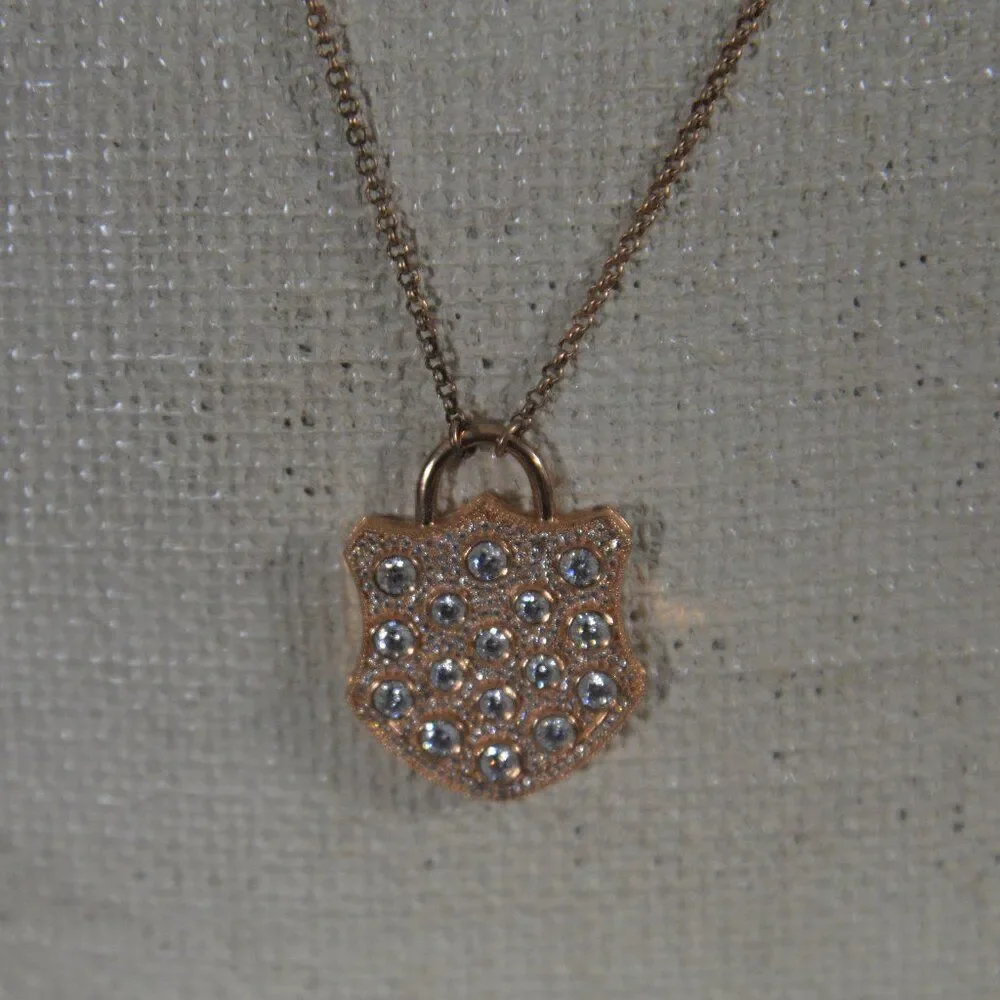 Sparkling Rose Gold Tone Shield Pendant Necklace with Clear Rhinestones